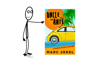 Stick figure of man pointing to Uncle and Ants book