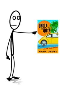 Stick figure pointing to book