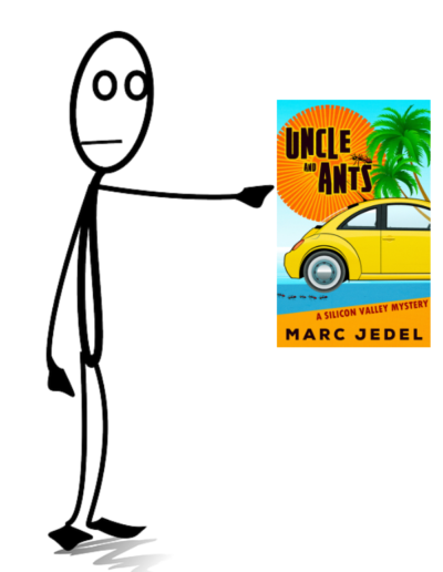 Stick figure pointing to book