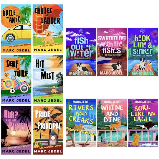Image of all 12 cozy mysteries by Marc Jedel
